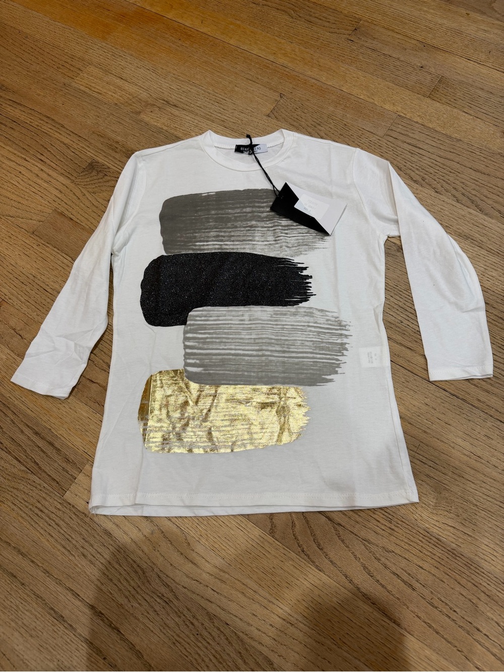 White 3/4 Sleeve Tee with Metallic Gold & Abstract Brush Strokes